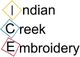 The text "Indian Creek Embroidery" with initials "I C E" in colored diamond shapes.