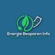Logo van Energie Besparen Info met een groene stekker en blad op blauwe achtergrond.