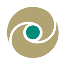 Abstraktes, spiralförmiges Logo in Gold und Petrol mit kreisförmigem Zentrum auf weißem Hintergrund.