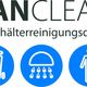 Logo von CanClean, Behälterreinigungsdienst, mit blauen Icons: Tonne, Dusche, Person.