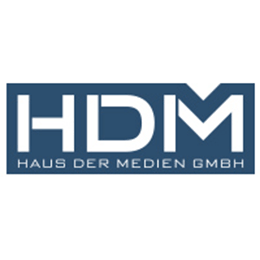 Logo mit der Aufschrift "HDM Haus der Medien GmbH" in dunkelblau und weiß.