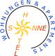 Logo mit gelber Sonne, Schriftzug "Wohnungen & Apartments Hostelnne".