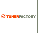 "Logo von Tonerfactory mit stilisiertem Blattsymbol links und Unternehmensname in Orange und Grau."