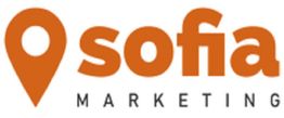 Orange "sofia marketing" logo with a location pin symbol.
