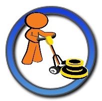 Dibujo de una figura naranja limpiando el suelo con una máquina dentro de un círculo azul.