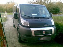 Silberner Fiat-Transporter steht auf einer Einfahrt, umgeben von Bäumen und einem Gartenzaun.