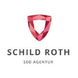 Rotes geometrisches Schild-Logo, darunter Text: "Schild Roth", "SEO Agentur".