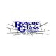 Logo of Roscoe Glass Company with a blue text and a shattered glass background.