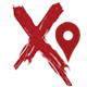 Red "X" painted with brushstrokes, with a faint letter "A" in the background.