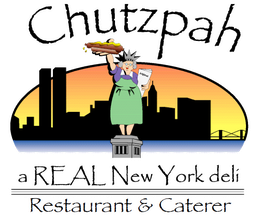 Cartoon woman holding food with New York skyline, text: "Chutzpah, a REAL New York deli."