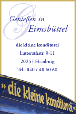 "Werbung für 'die kleine konditorei' in Hamburg, Lutterothstr. 9-11, mit Telefonnummer."