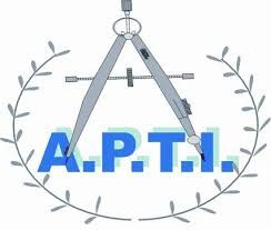 Logo con compás, texto A.P.T.I. y ramas de laurel alrededor.