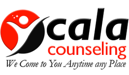 Logo of Cala Counseling with red and black abstract figures and text.