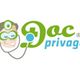 Logo mit Comic-Arzt, Stethoskop und Text "Doc privago".