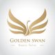 Logo mit goldenem Schwan und Text: "Golden Swan Beauty Salon" auf weißem Hintergrund.