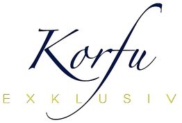 Schriftzug "Korfu Exklusiv" in stilvoller, geschwungener Schrift auf weißem Hintergrund.