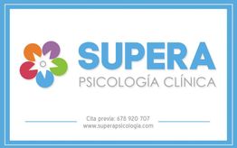 Logo de Supera Psicología Clínica con flor de colores y contacto para citas.