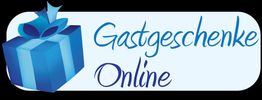 Blaues Geschenk mit Text "Gastgeschenke Online" auf hellem Hintergrund.