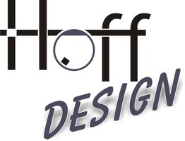 Logo met de tekst "Hoff Design" in zwart en grijs, met een cirkel en vierkant bij de "o".