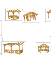Holzkonstruktionen verschiedener Pavillons und Überdachungen auf weißem Hintergrund.