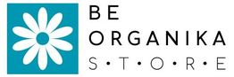 Logo de Be Organika Store con una flor blanca sobre fondo turquesa.