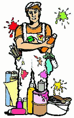 Maler mit Farbeimern und Farbklecksen auf Kleidung, hält Pinsel und Spraydosen.