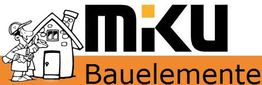 Illustration eines Handwerkers und Hauses neben dem Logo "Miku Bauelemente" auf orangefarbenem Streifen.