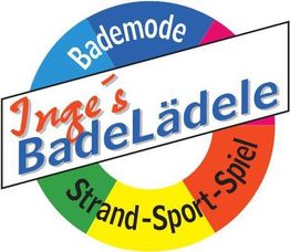 Logo von Inge's BadeLädele, mit den Worten: Bademode, Strand, Sport, Spiel in einem Kreis.