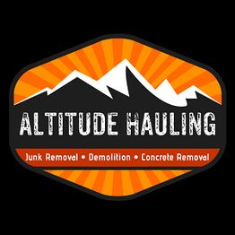 Logo with mountains and sunburst for Altitude Hauling, offering junk, demolition, and concrete removal.
