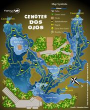 Mapa de los cenotes Dos Ojos con rutas de snorkel, límites de caverna y áreas verdes señaladas.