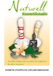 Naturkosmetik und Wellness mit Buddha, Blüten und Kräuterstempeln auf einem Flyer.