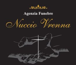 Illustrazione di mani in preghiera e croce, testo "Agenzia Funebre Nuccio Vrenna" in oro.