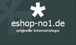 Logo mit URL "eshop-no1.de" und Text "originelle Internetshops" auf dunkelgrauem Hintergrund.