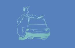 Zeichnung eines Mechanikers mit Mütze, der sich lächelnd an ein Auto lehnt. Blauer Hintergrund.