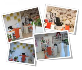 Collage von Büros mit weißen Schreibtischen, orangenen Stühlen und dekorativen Wänden.