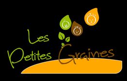 Logo avec "Les Petites Graines", gouttes colorées et feuilles sur fond noir.