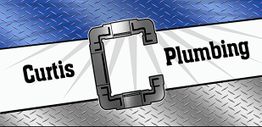"Metal background with 'Curtis Plumbing' text and pipe fitting graphic."