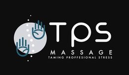Logo with text "TPS Massage: Taming Professional Stress" featuring two blue hand icons.