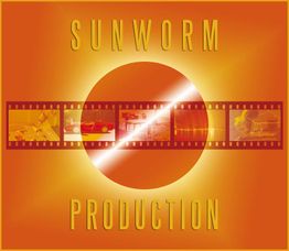 Gelborange Sonne, Filmstreifen und Text "Sunworm Production" auf orangefarbenem Hintergrund.