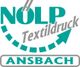 Logo mit Aufschrift „NÖLP Textildruck Ansbach“ in Grün und Grau, mit stilisierten Pfeilen.
