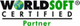 Logo: Text "Worldsoft Certified Partner" mit Weltkugel und schwarzer Linie darunter.