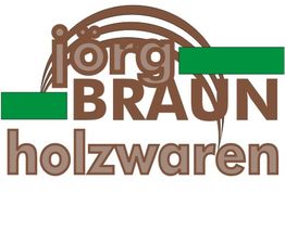 Logo mit Text: "jörg BRAUN holzwaren" in Braun und Grün.