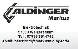 "Visitenkarte von Aldinger Markus, Elektrotechnik, Weikersheim, mit Kontaktinformationen."