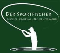Weiße Silhouette eines Anglers auf grünem Hintergrund, Text: "Der Sportfischer".