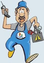 Illustration eines Handwerkers in blauer Latzhose, der ein Telefon und Werkzeugtasche hält.