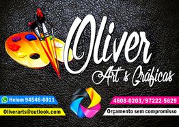 Carta de visitas da Oliver Art & Gráficas com informações de contato e design colorido.