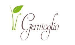 Logo Germoglio con disegno di germoglio verde e testo elegante marrone.
