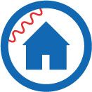 Blaues Haus-Symbol in einem Kreis mit roter Wellenlinie im oberen Bereich.