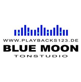 Logo von Blue Moon Tonstudio mit URL und stilisierten blauen Schallwellen.