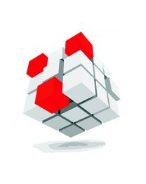 Schwebender 3D-Würfel aus weißen und roten Blöcken, der digital stilisiert ist.